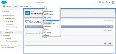 कसे SalesForce एक कार्यपद्धत तयार करण्यासाठी? : वर्कफ्लो ऑब्जेक्ट निवडणे जे क्रिया सुरू करेल