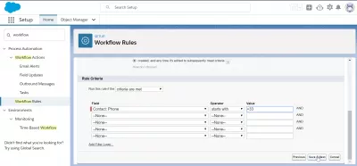 Jak vytvořit pracovní postup v Salesforce *? : Zadání kritérií pravidla se změnou kontaktního telefonu