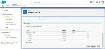 Як створити робочий процес в SalesForce? : Введення критеріїв правила зі зміною контактного телефону