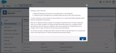 Kuinka luoda mukautettu kenttä SalesForcessa? : Poista mukautetun kentän vahvistus