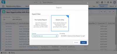 Comment puis-je exporter des données de SalesForce pour exceller? : Options d'exportation sélectionnées et données prêtes pour l'exportation