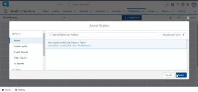 How to create a dashboard in SalesForce Lightning? : Select report to add in the dashboard as component