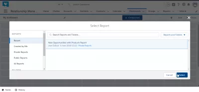 Hvordan lage et dashbord i SalesForce Lightning? : Velg rapport for å legge til i dashbordet som komponent