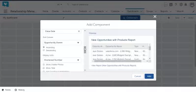 Hvordan lage et dashbord i SalesForce Lightning? : Komponentenes opprettelse sorterer kolonne og viser enhetsalternativer