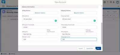 Kako stvoriti račun u SalesForce Lightning? : Unos novih informacija o adresi računa