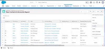 Comment exporter des contacts de SalesForce Lightning? : Option d'exportation du rapport de contacts dans le menu de modification du rapport