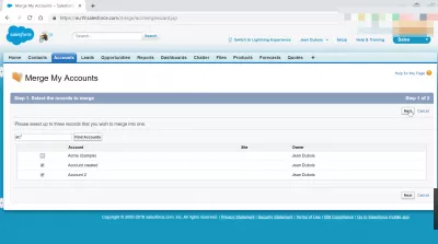 Jak połączyć konta w SalesForce Classic? : Wybrane rekordy do scalenia