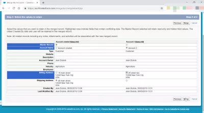 Bagaimana cara menggabungkan akun di SalesForce Classic? : Pilih nilai yang akan dipertahankan dari akun yang akan digabungkan