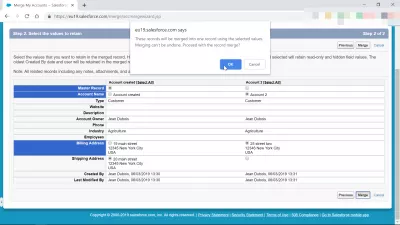 How to merge accounts in SalesForce Classic? : Pop-up for confirmation of account merger operation