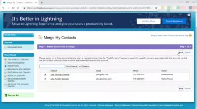 How to merge contacts in SalesForce Classic? : Selecting the contacts to merge as one record