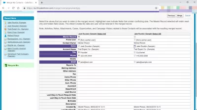 કેવી રીતે SalesForce ક્લાસિકમાં સંપર્કો મર્જ કરવામાં? : મર્જર પછી રાખવા માટે મૂલ્યોની પસંદગી