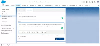 Salesforce Lightning: Cara menggunakan obrolan (dan mengapa) : Menambahkan pertanyaan dalam pesan obrolan
