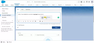 Salesforce Lightning: Cum se folosește chat (și de ce) : Writing a message mentioning another *Forta de vanzare* user on Chatter