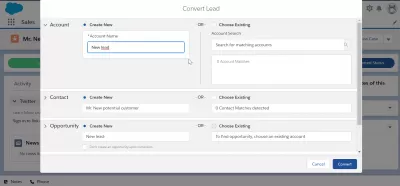 SalesForce: How To Use Leads? Everything You Need To Know : Lead conversion form in SalesForce Lightning