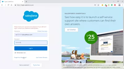 Bagaimana untuk login pada SalesForce? : Mesej sila semak nama pengguna dan kata laluan anda